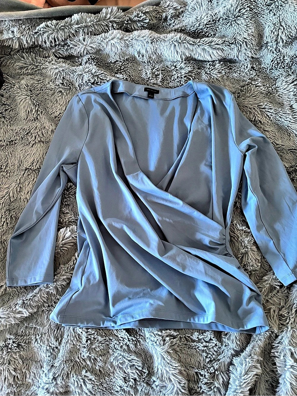 Ann Taylor Wrap Front Long Sleeve Blouse in Blue Size Large